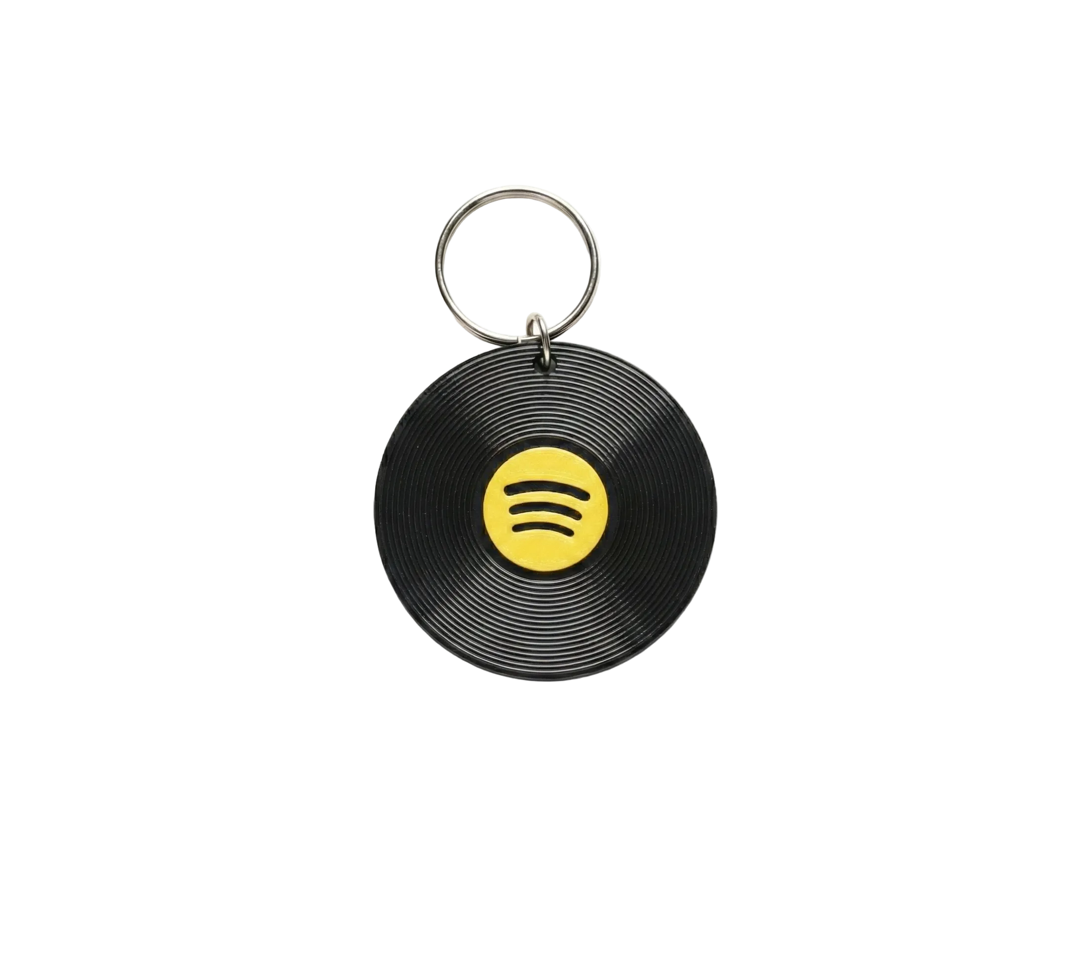 Spotify keychain with black vinyl record design on a white background