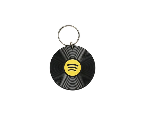 Spotify keychain with black vinyl record design on a white background